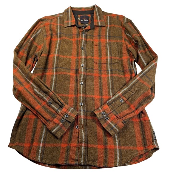 Prana Organic Cotton Flannel Plaid Button Up Shirt Mens Large LRG Orange Brown - Picture 1 of 6